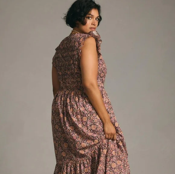 🏷️ Anthropologie Peregrine Midi Autumn Floral Ruffle Sleeve Dress Size 2X - Picture 4 of 5